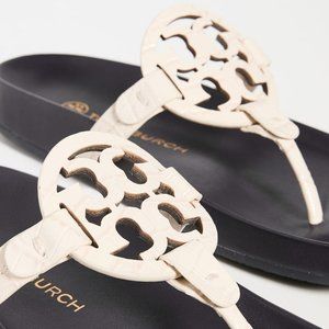 Tory Burch CROC EMBOSSED Miller Cloud Leather Thong Slides New Ivory Cream Navy